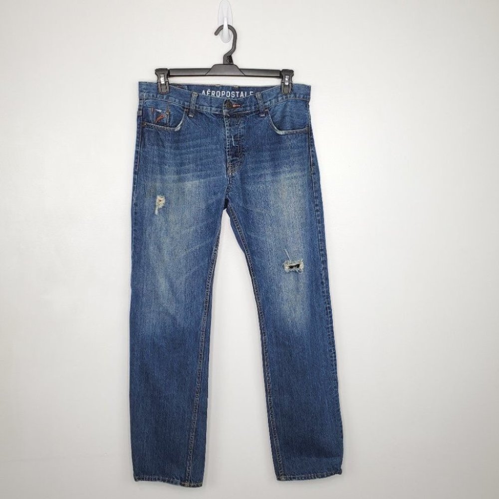 Aeropostale Men's Essex Straight Medium Wash Distressed Button Fly Jeans 34/34